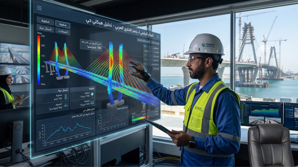 مهندس يستخدم تقنية التوأم الرقمي لتحليل تصميم جسر متطور باستخدام أحدث تقنيات هندسة الطرق
