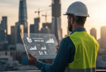 مهندس موقع محترف يراجع الاختصارات الهندسية ونماذج BIM في موقع بناء حديث 2027
