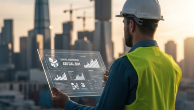 مهندس موقع محترف يراجع الاختصارات الهندسية ونماذج BIM في موقع بناء حديث 2027