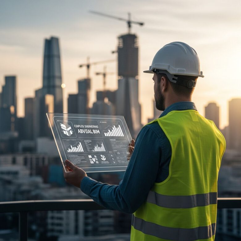 مهندس موقع محترف يراجع الاختصارات الهندسية ونماذج BIM في موقع بناء حديث 2027