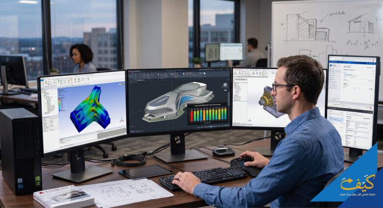 محطة عمل هندسية متطورة توضح استغلال أنوية المعالج في أوتوكاد 2026 - تشغيل عدة برامج هندسية بكفاءة عالية