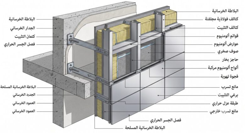 مقطع عرضي يوضح تفاصيل نظام تركيب الواجهات والعزل