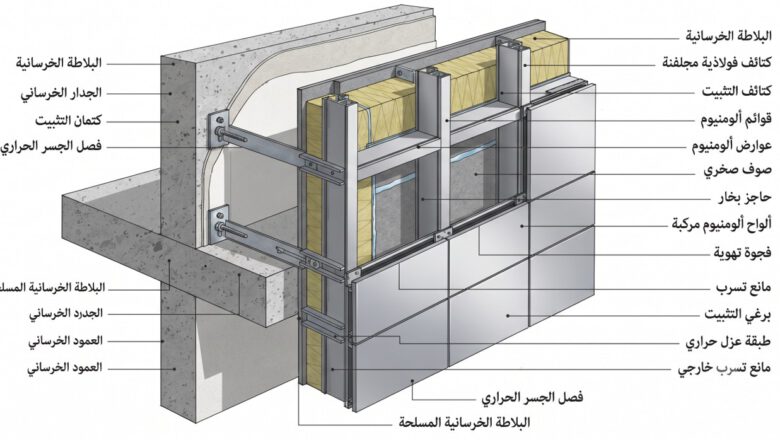 مقطع عرضي يوضح تفاصيل نظام تركيب الواجهات والعزل