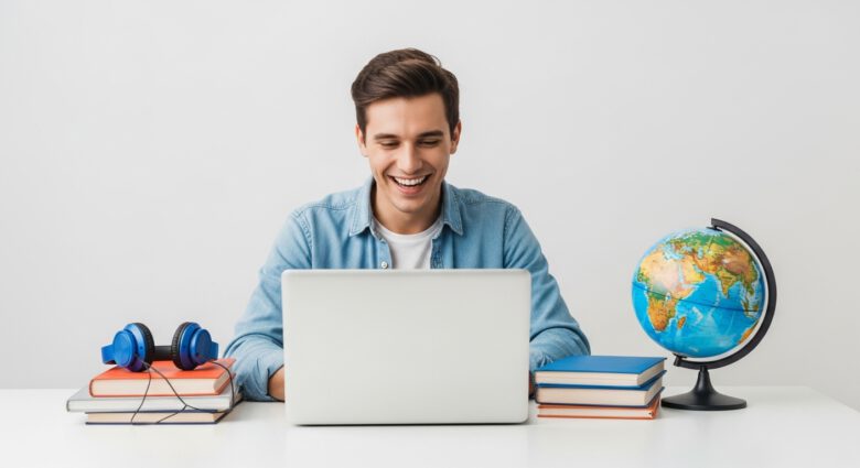 شخص يتعلم اللغة الإنجليزية بسعادة باستخدام حاسوب محمول مع كتب وسماعات رأس.