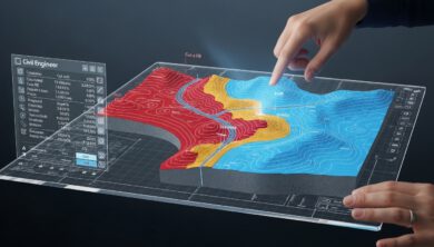 خريطة ثلاثية الأبعاد توضح مناطق الحفر والردم في برنامج Civil 3D، مع مهندس يشير إلى الشاشة.