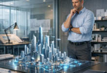 مهندس معماري محترف يدرس نموذجاً لمدينة مستقبلية