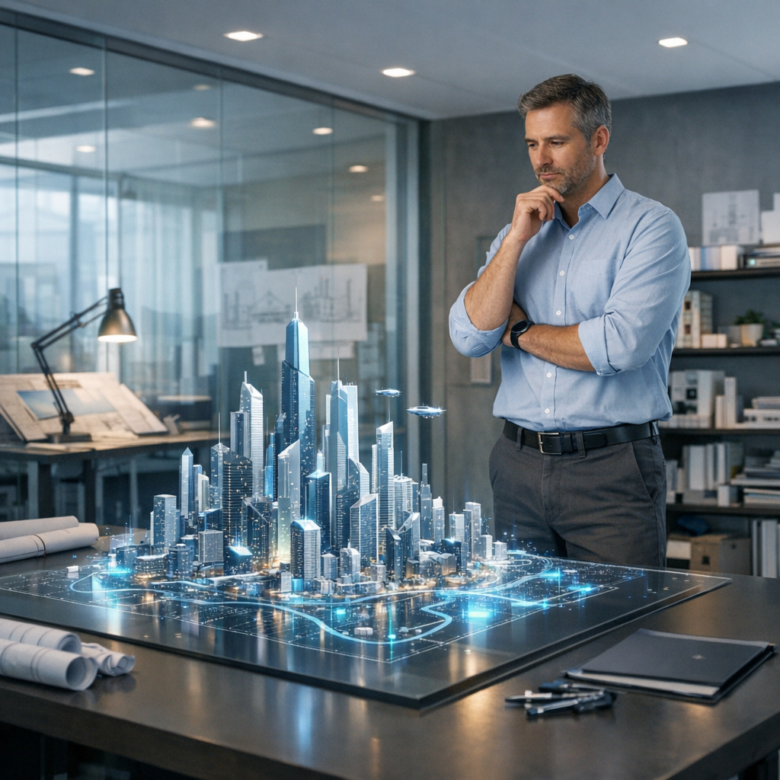 مهندس معماري محترف يدرس نموذجاً لمدينة مستقبلية