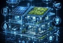 مخطط هندسي لمنزل ذكي ومستدام مستقبلي مع ألواح شمسية وأيقونات إنترنت الأشياء.