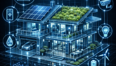 مخطط هندسي لمنزل ذكي ومستدام مستقبلي مع ألواح شمسية وأيقونات إنترنت الأشياء.