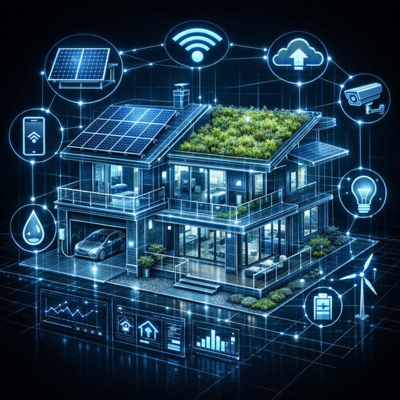 مخطط هندسي لمنزل ذكي ومستدام مستقبلي مع ألواح شمسية وأيقونات إنترنت الأشياء.