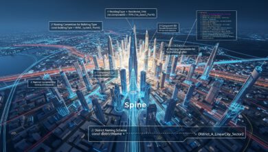 مخطط رقمي يوضح تطبيق معيار NEOM لتسمية عناصر BIM في مدينة ذكية.