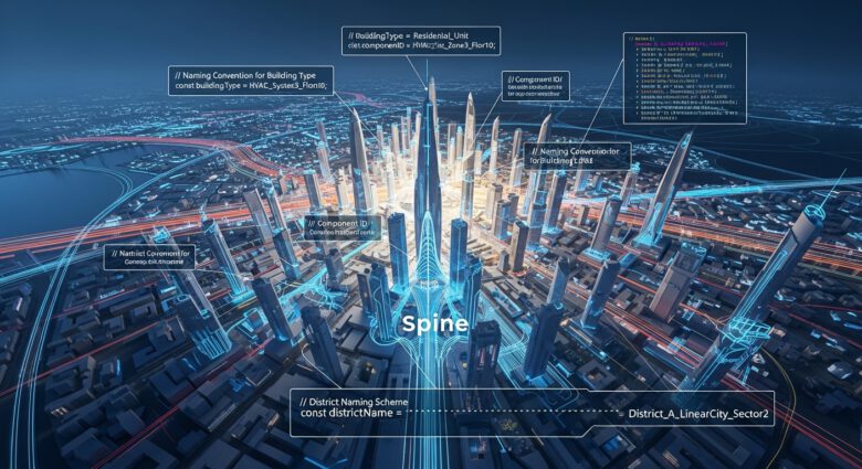 مخطط رقمي يوضح تطبيق معيار NEOM لتسمية عناصر BIM في مدينة ذكية.