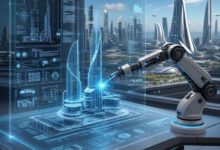 مخطط معماري مستقبلي متوهج على واجهة هولوغرافية مع ذراع روبوتية تعمل بالذكاء الاصطناعي.