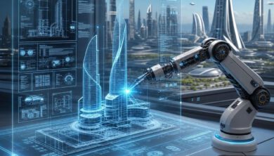 مخطط معماري مستقبلي متوهج على واجهة هولوغرافية مع ذراع روبوتية تعمل بالذكاء الاصطناعي.
