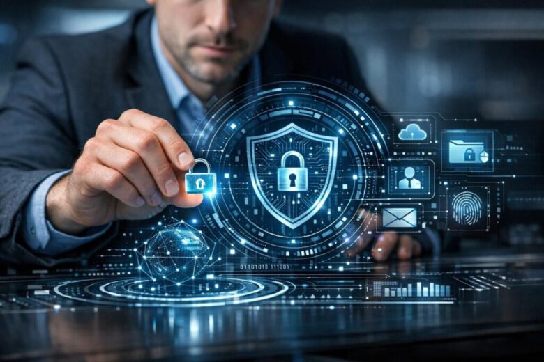 صورة توضيحية لحماية البيانات عند استخدام ChatGPT وGemini تحتوي على كلمة حماية البيانات