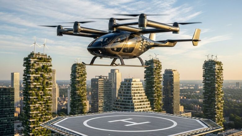 مركبة طائرة تقلع من مدرج فوق مبنى في مدينة مستدامة - مستقبل السيارات في 2035