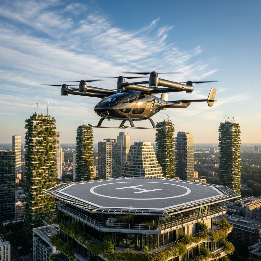 مركبة طائرة تقلع من مدرج فوق مبنى في مدينة مستدامة - مستقبل السيارات في 2035