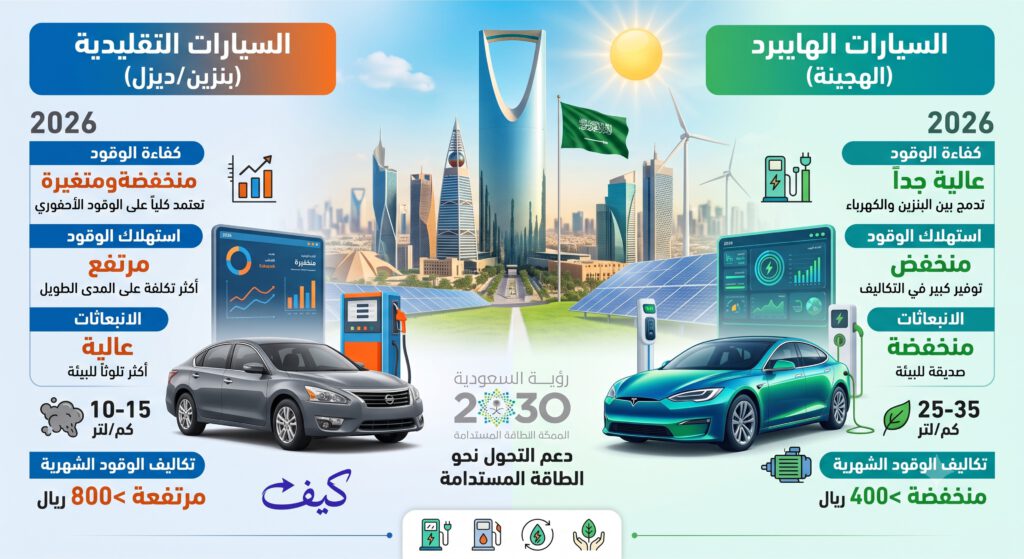 مقارنة كفاءة الوقود بين السيارات الاقتصادية التي تعمل بالوقود وسيارات الهايبرد في السعودية 2026