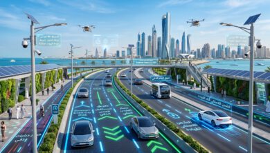 تصميم مستقبلي لطريق ذكي في مدينة متطورة لعام 2026 يبرز تقنيات البنية التحتية الحديثة
