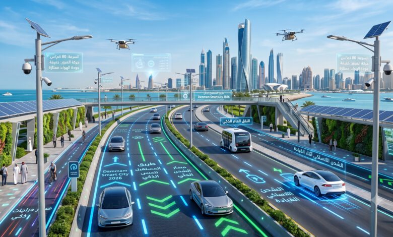 تصميم مستقبلي لطريق ذكي في مدينة متطورة لعام 2026 يبرز تقنيات البنية التحتية الحديثة