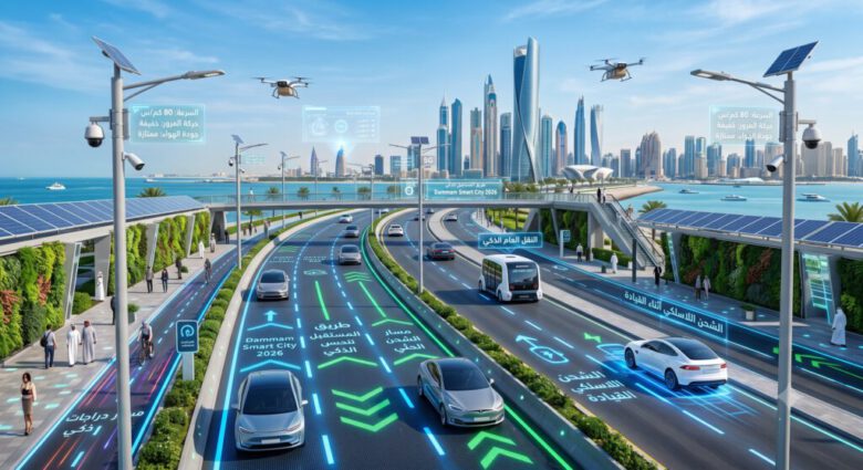 تصميم مستقبلي لطريق ذكي في مدينة متطورة لعام 2026 يبرز تقنيات البنية التحتية الحديثة