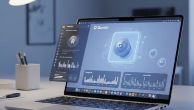 واجهة Gemini المتطورة في متصفح جوجل كروم لعام 2027 داخل بيئة عمل مستقبلية