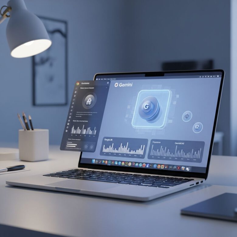 واجهة Gemini المتطورة في متصفح جوجل كروم لعام 2027 داخل بيئة عمل مستقبلية