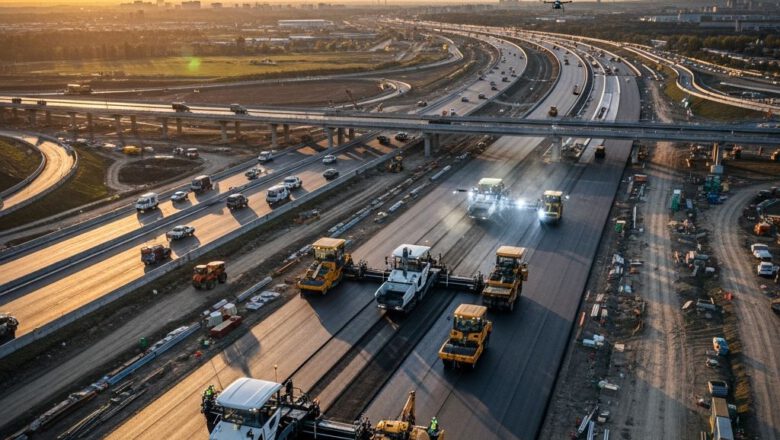 مشهد جوي لعملية إنشاء طريق سريع متطور باستخدام معدات حديثة لعام 2027