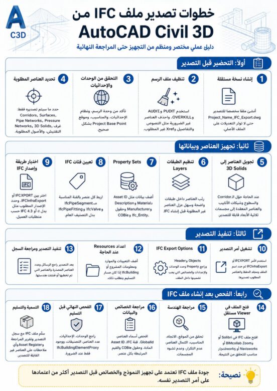 ملخص خطوات تصدير ملف IFC من AutoCAD Civil 3D