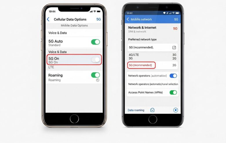خطوات تفعيل خدمة 5G على هواتف آيفون وأندرويد من إعدادات الشبكة الخلوية.