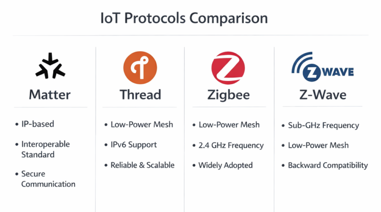 مخطط يقارن بين بروتوكولات إنترنت الأشياء المنزلية مثل Matter و Thread و Zigbee - كيف تصمم منزلا ذكيا ومستداما