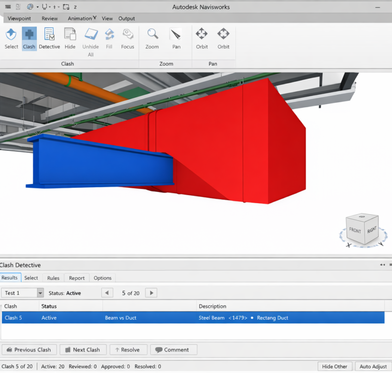 نموذج معلومات البناء (BIM) يظهر تعارضًا بين أنظمة الكهروميكانيك والهيكل الإنشائي