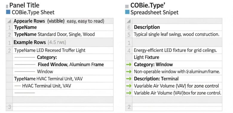 رسم بياني يوضح العلاقة بين ورقة COBie Type وورقة COBie Component في ملف الإكسل.