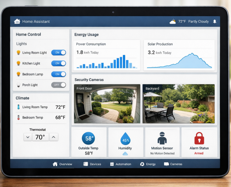 لقطة شاشة لواجهة تحكم منصة Home Assistant تعرض بيانات وأجهزة المنزل الذكي.