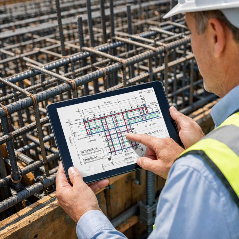 مهندس مراقبة جودة يتحقق من تطابق أعمال التنفيذ مع الرسومات التنفيذية المعتمدة باستخدام جهاز لوحي