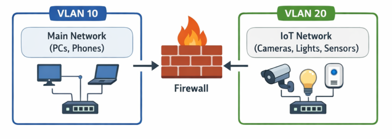 مخطط شبكة يوضح تقسيم الشبكة الافتراضية (VLAN) لعزل أجهزة إنترنت الأشياء عن الشبكة الرئيسية.