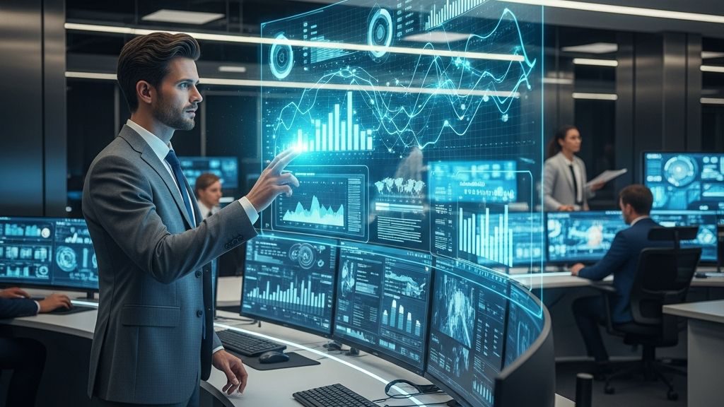 مدير مشروع محترف يتابع لوحات بيانات متطورة في عام 2026