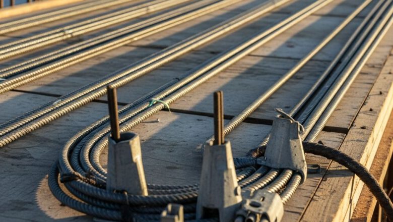 تركيب أنابيب وكابلات الشد اللاحق على الشدة الخشبية - تنفيذ البلاطات الخرسانية لاحقة الشد