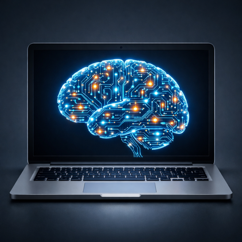 شخص يستخدم لابتوب تظهر منه هالة رقمية على شكل دماغ، يرمز إلى تشغيل الذكاء الاصطناعي محلياً بدون إنترنت.