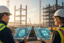 مهندسون إنشائيون يراجعون بيان الطريقة الرقمي في موقع بناء حديث لعام 2027
