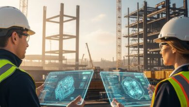 مهندسون إنشائيون يراجعون بيان الطريقة الرقمي في موقع بناء حديث لعام 2027