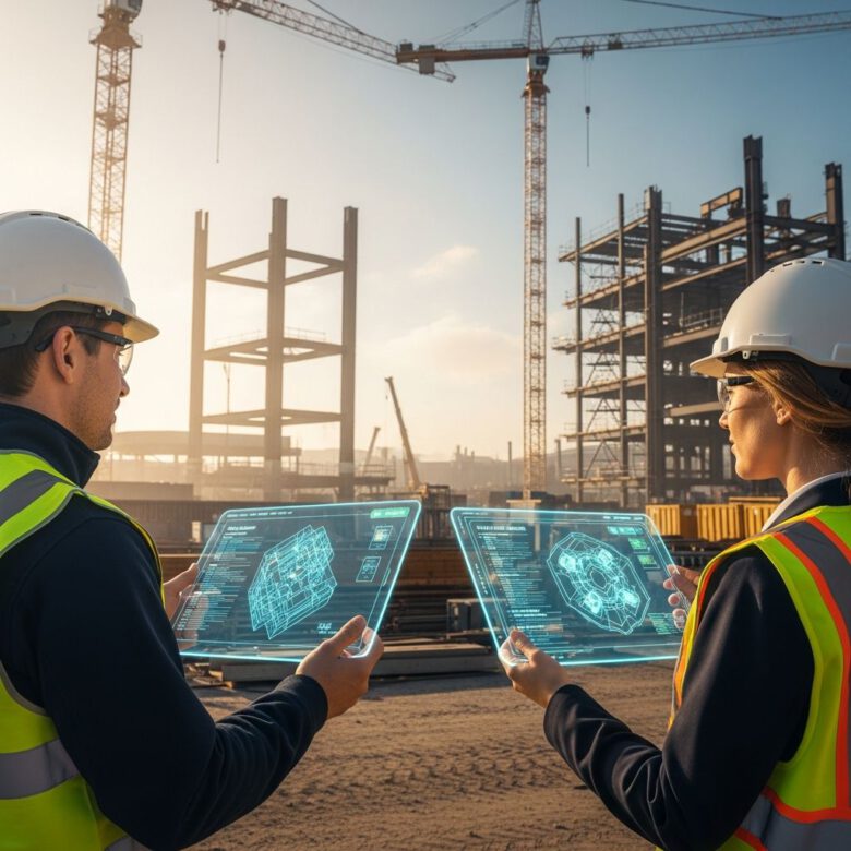مهندسون إنشائيون يراجعون بيان الطريقة الرقمي في موقع بناء حديث لعام 2027