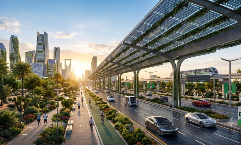 منظر مستقبلي لطريق مستدام في عام 2026 يضم تقنيات الطاقة الشمسية والممرات الخضراء