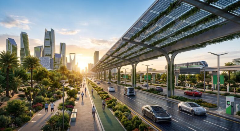 منظر مستقبلي لطريق مستدام في عام 2026 يضم تقنيات الطاقة الشمسية والممرات الخضراء