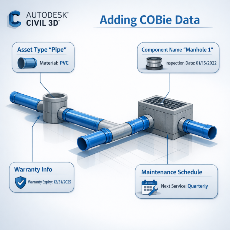 إضافة بيانات COBie في Civil 3D إلى الأنابيب وغرف التفتيش في Autodesk Civil 3D.