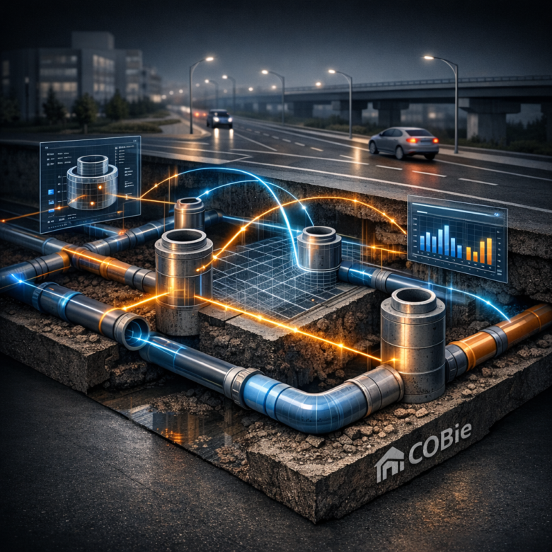 إضافة بيانات COBie إلى شبكة أنابيب وغرف تفتيش في Civil 3D ضمن نموذج بنية تحتية ذكي.