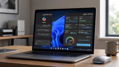 واجهة ويندوز 11 المتطورة في عام 2026 مع شاشة تعرض بيانات الأداء والذكاء الاصطناعي