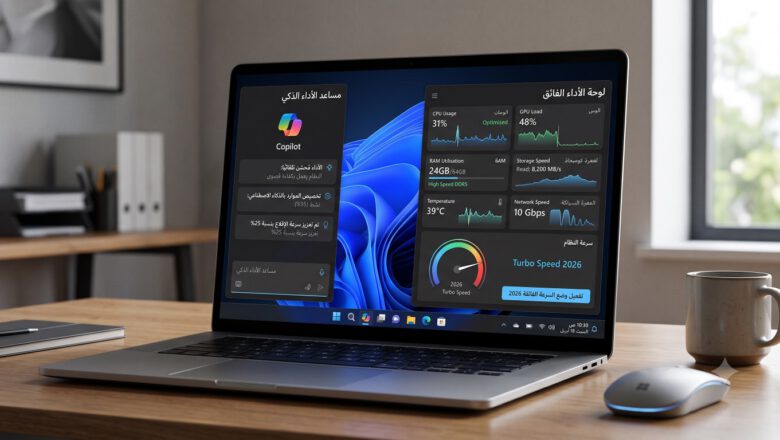 واجهة ويندوز 11 المتطورة في عام 2026 مع شاشة تعرض بيانات الأداء والذكاء الاصطناعي