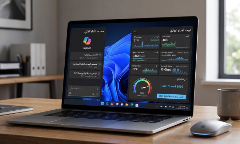 واجهة ويندوز 11 المتطورة في عام 2026 مع شاشة تعرض بيانات الأداء والذكاء الاصطناعي