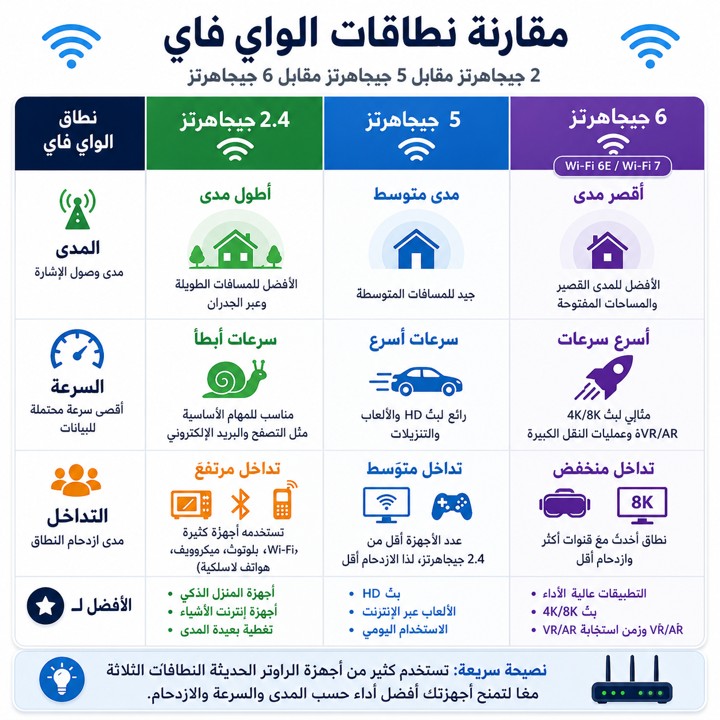 مقارنة بين نطاقات تردد الواي فاي 2.4GHz و 5GHz و 6GHz من حيث السرعة والمدى - تقوية إشارة الواي فاي